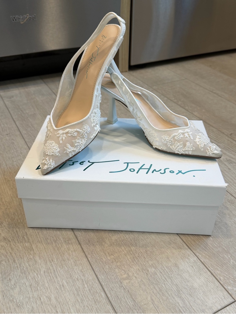 Betsey Johnson White Beaded Pointed Toe Slingback Heels